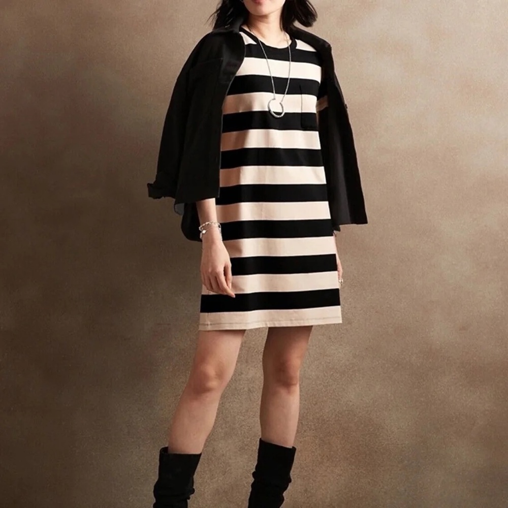 Banana Republic Black Striped Mini T Shirt Cotton Crewneck Dress Front Pocket
